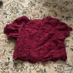 For her and him Burgundy Lace crop Top short sleeve midriff lace appliqué